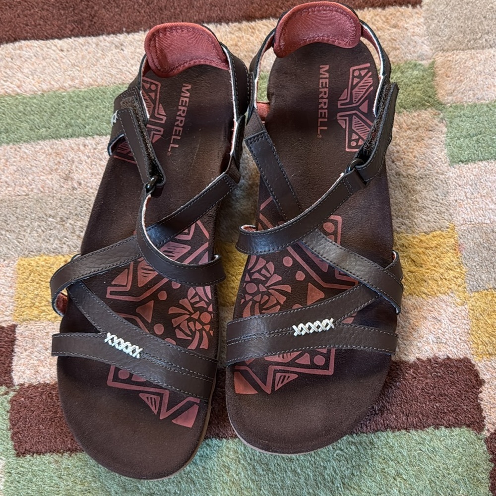 Merrell Sandspur Rose Sandals Cocoa/Coral Leather Comfort Ankle Strap size 10 - Picture 7 of 11